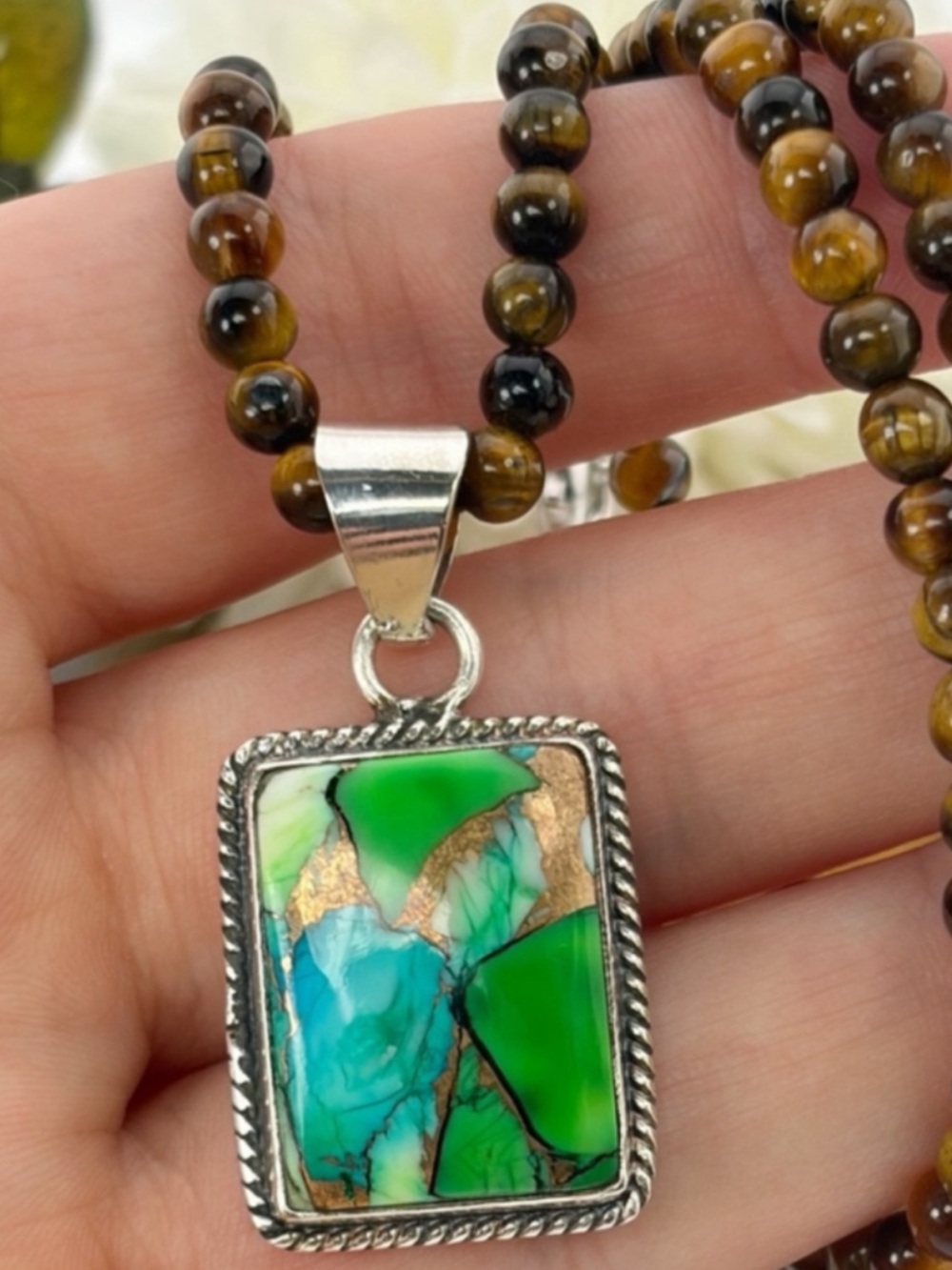 Peacock Dahlia Turquoise Pendant Necklace Boho Southwest Handmade New 925